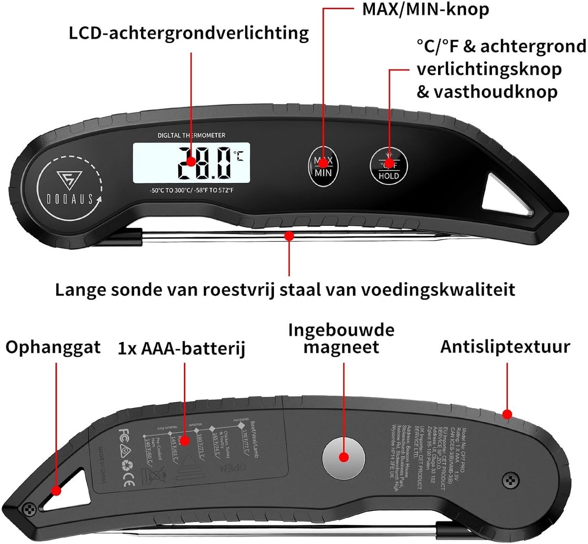 Draadloze vleesthermometer - Zwart - 11 cm sonde - RVS en kunststof - Voor professioneel koken en bakken