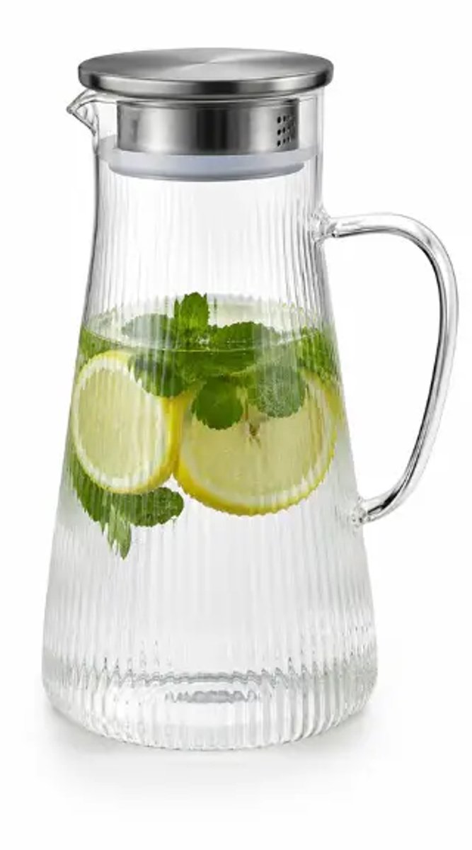 Glazen karaf Lines – RVS deksel met zeef – geribbeld design – transparant – 1800 ml