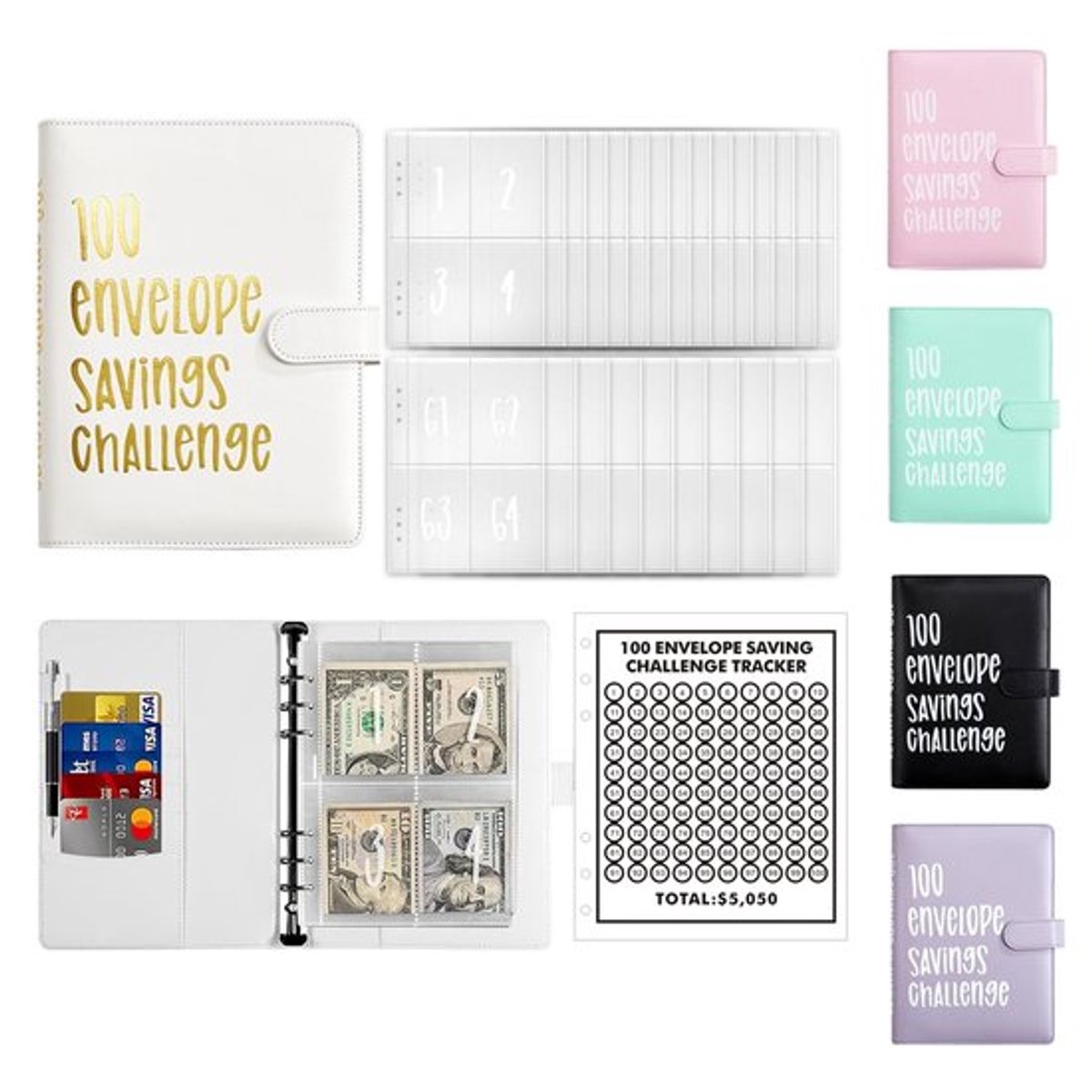 Budgetplanner A5 - Wit Lederen Ringband - 100 Enveloppen - 100 Dagen Notitieboek - Huishoudboekje - Scheurvast Materiaal - Spaarplanner