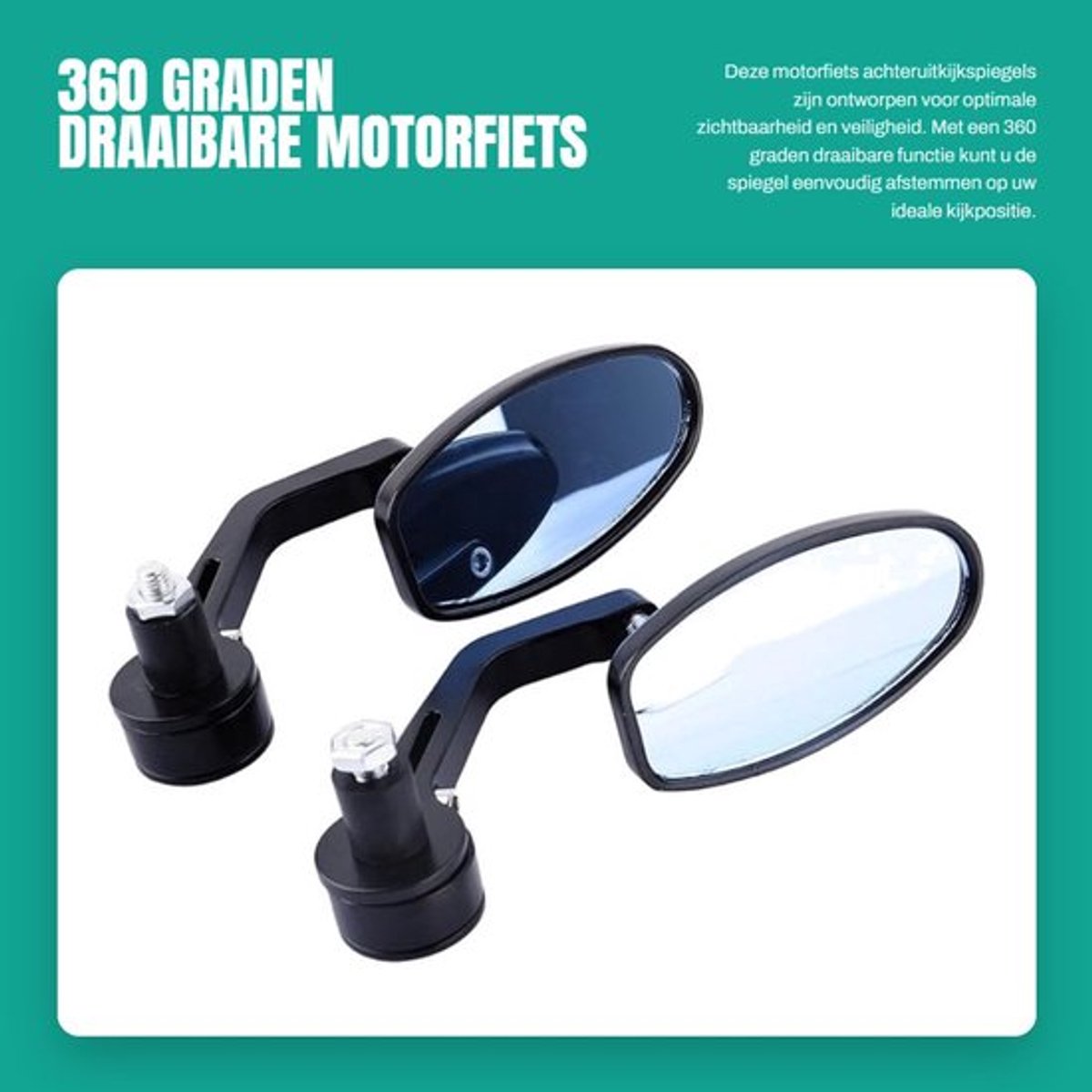 Motorfiets Spiegels 360 Graden Rotatie - Zwarte Stuurspiegels - Achteruitkijkspiegels - 22mm Beugel - Helder Glas - Eenvoudig te Plaatsen
