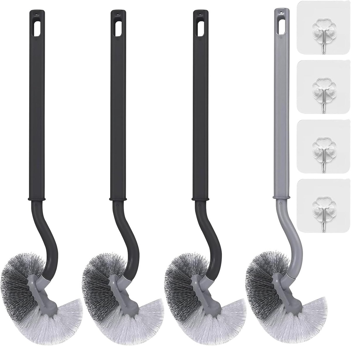 Set van 4 Toiletborstels - Grijs - 34 x 7 cm - Gebogen Reinigingsborstel met Uittrekbaar Handvat - Voor Badkamer en Gastentoilet