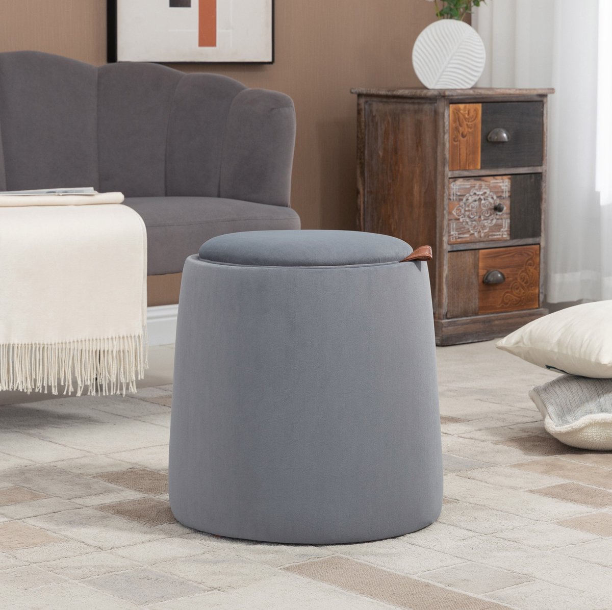 Poef Rond Met Opbergruimte En Afneembare Deksel Ø44 Cm X 47,5 Cm Polyester Grijs Als Bijzettafel In Woonkamer
