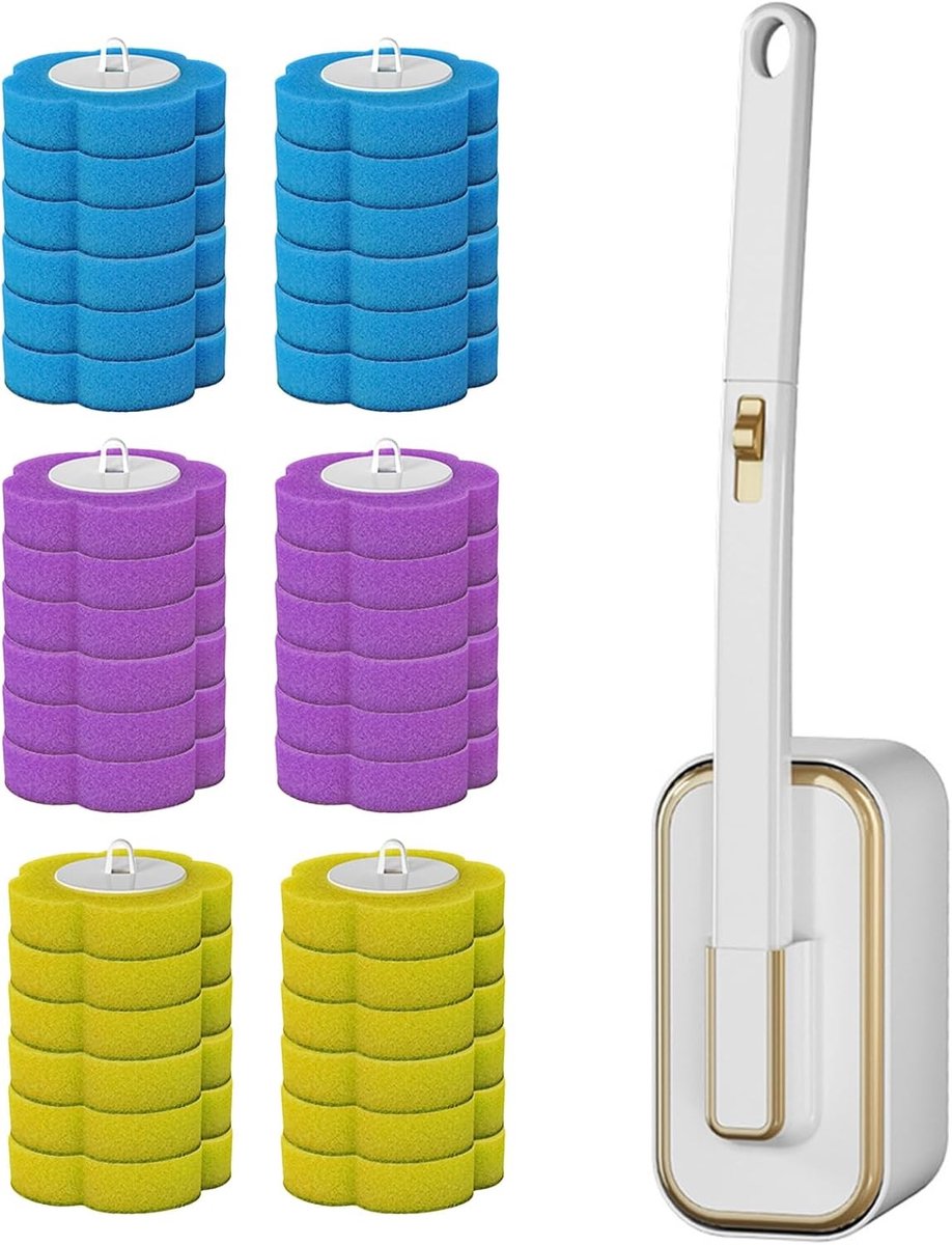 Toiletborstel voor eenmalig gebruik - A - 40 x 9 x 8 cm - Wegwerpsysteem met 36 Reservekoppen en Reinigingsmiddel - Voor Badkamerreiniging