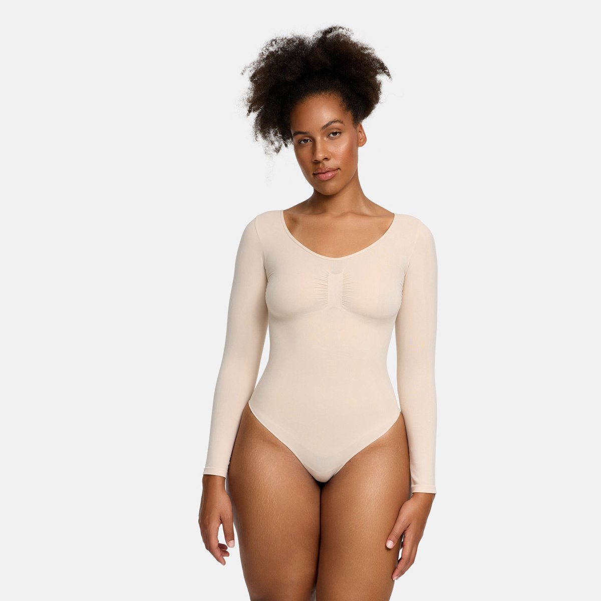 cfab - Bodysuit met corrigerende werking, lange mouwen en bijpassend slipje, zandkleur, maat 5XL