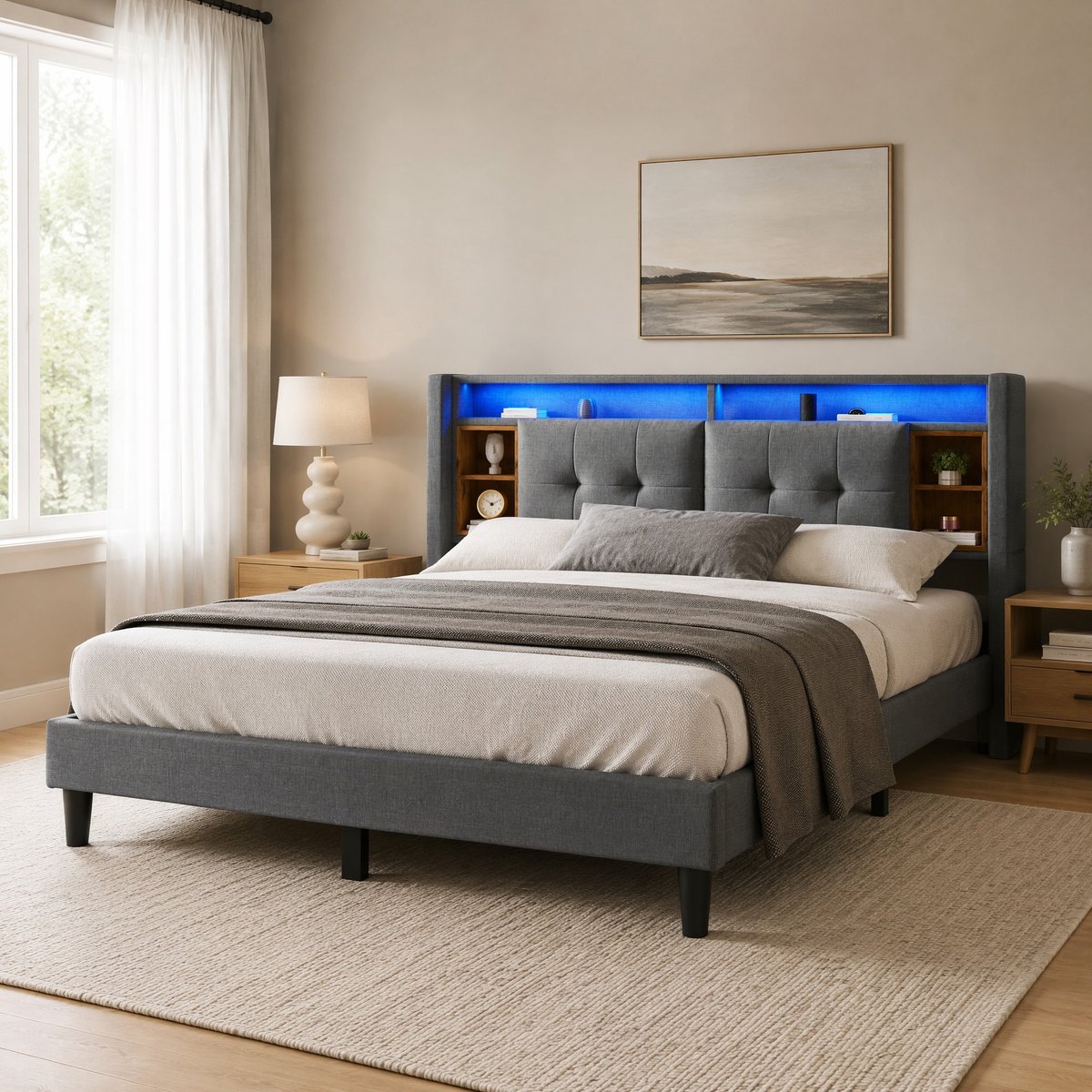 Wishdor Gestoffeerd tweepersoonsbed 160x200 cm - Hoofdbord met opbergruimte - LED-verlichting - USB en stopcontacten - Grijs - Hout met metaal