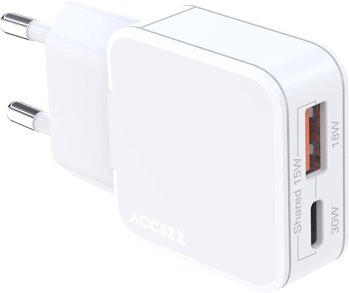 Accezz Ultra Slim GaN Oplader - USB-C + USB-A - 30W - Wit
