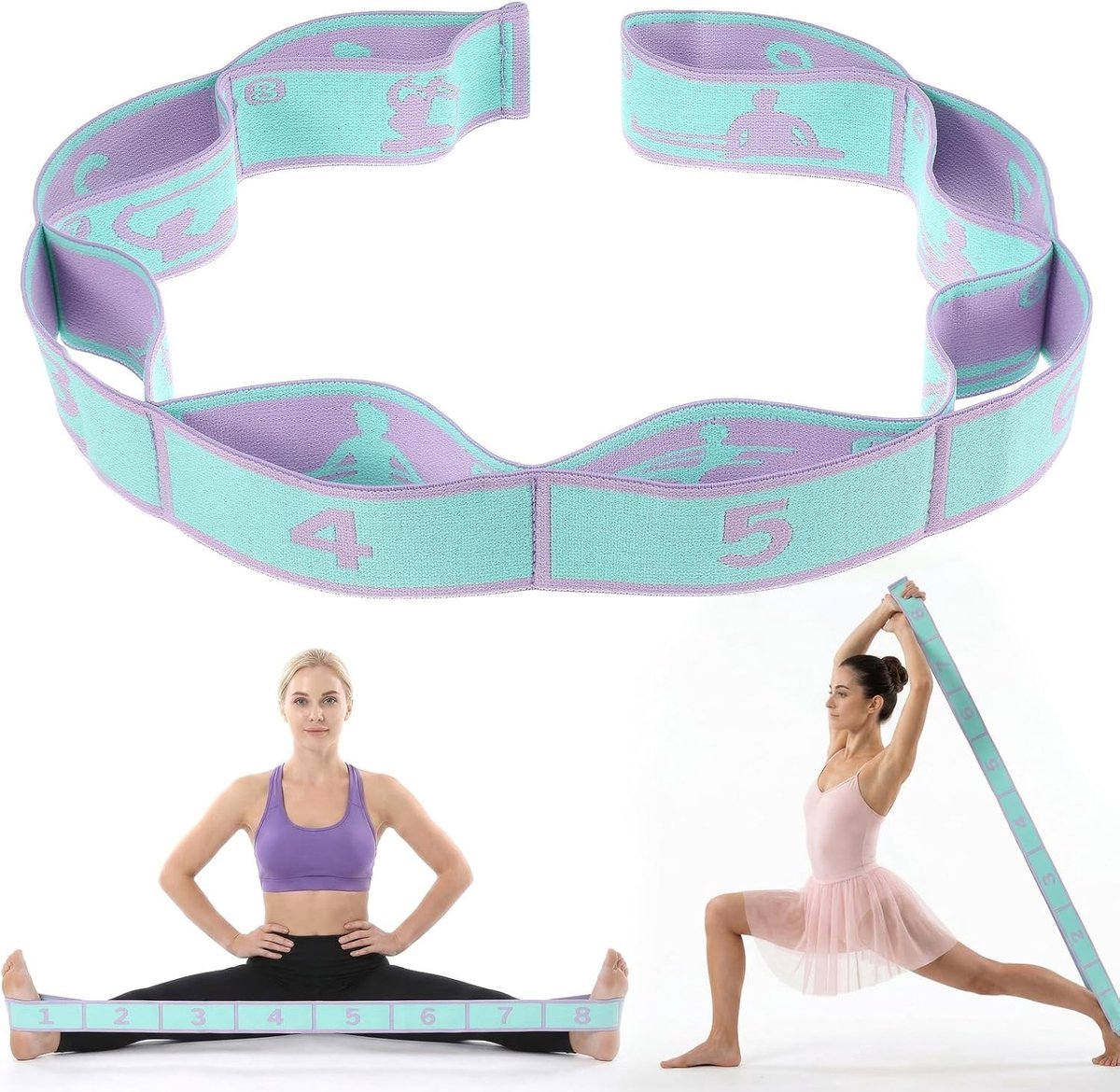 Yoga stretchband met 8 lussen voor effectieve training, zeer elastische fitnessband voor flexibiliteit en krachttraining