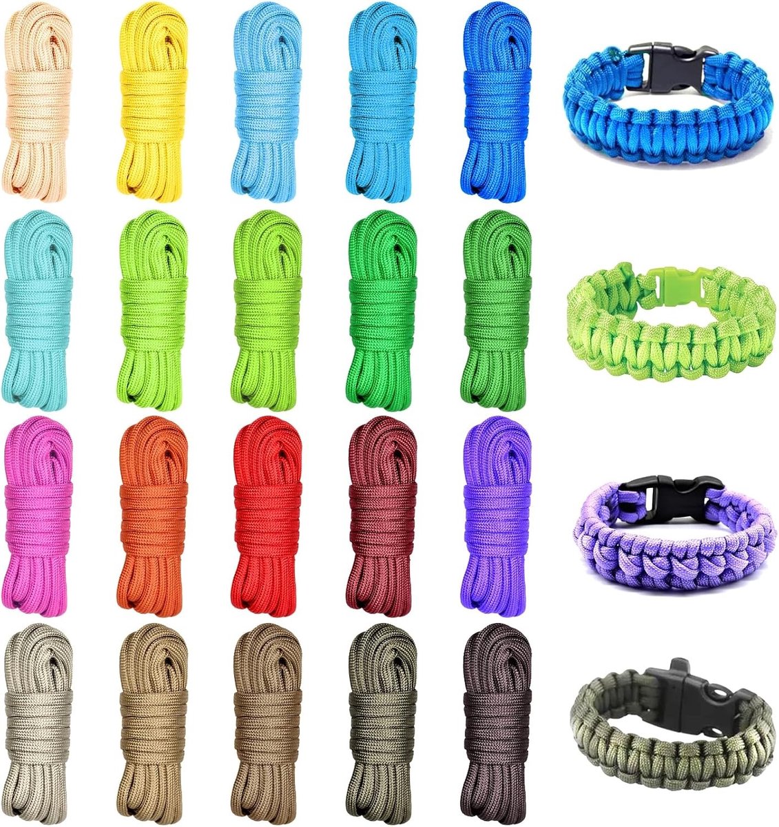 Multifunctionele Paracord Set van 20 Kleuren, 3 Meter 7 Kern Nylon Touw voor Sleutelhangers, Armbanden en Hondentuigjes