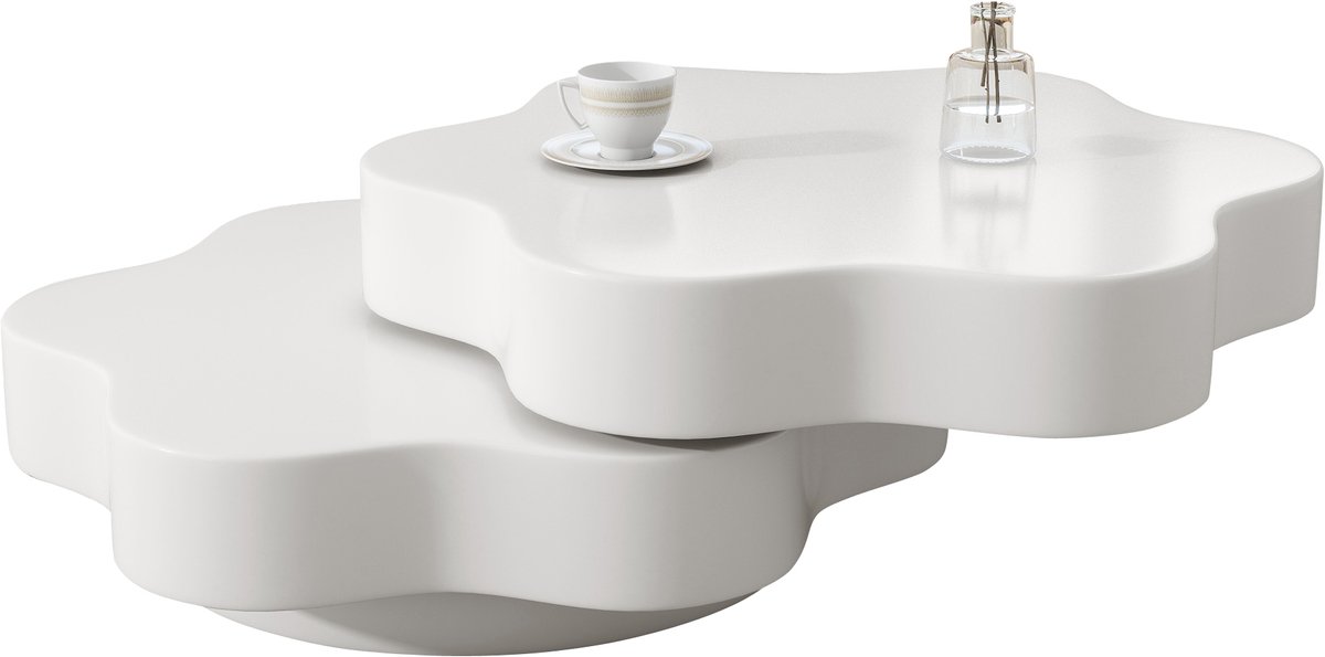 DESMIU Salontafel Bloemvorm Draaibaar 360 Graden Dubbele Laag Voor Woonkamer En Kleine Ruimte MDF Cremewit 74,8x67,5x31 Cm