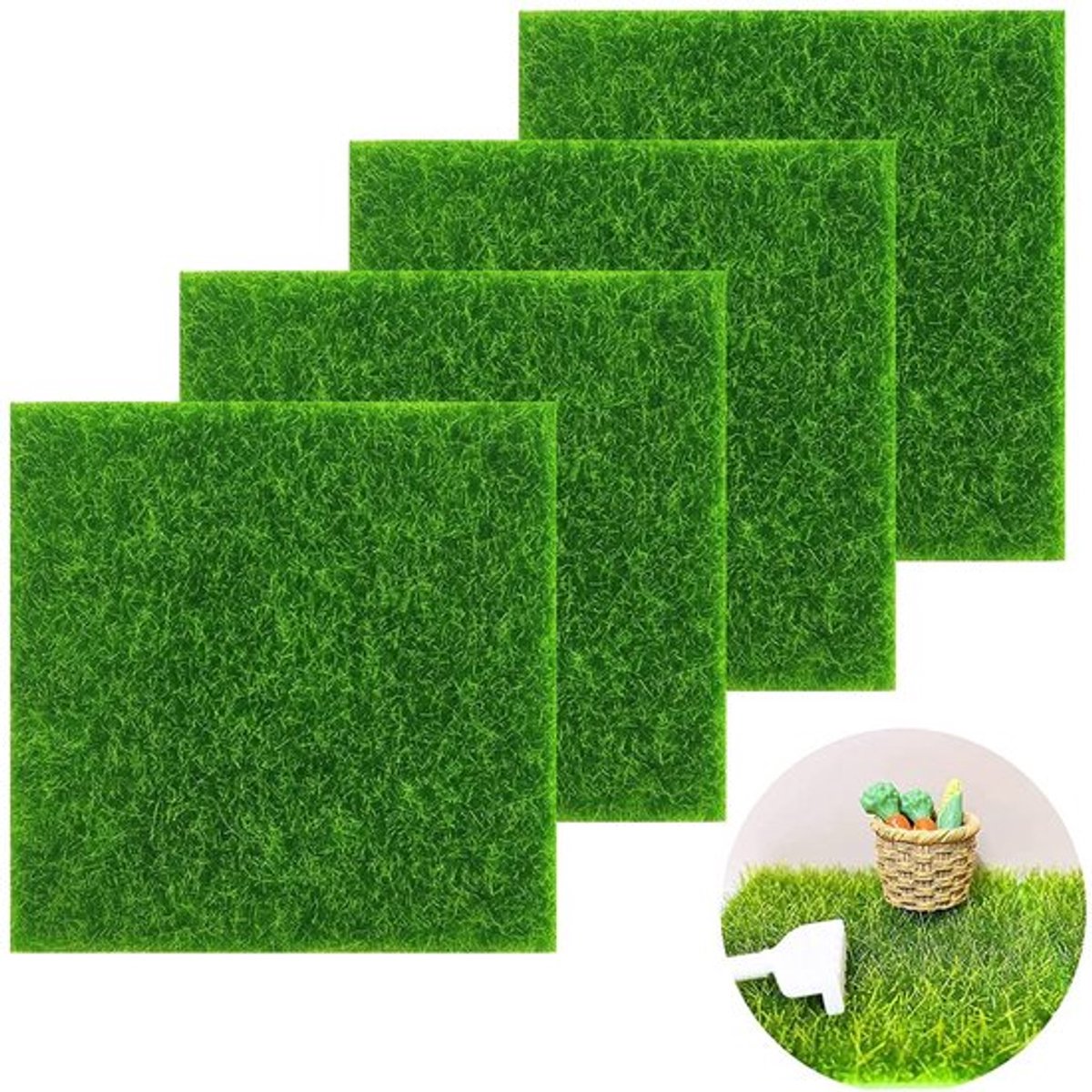 Kunstgrastapijt Levensecht - Miniatuur Gras - Decoratie Indoor/Outdoor - 4 Stuks - 15x15 cm - Geschikt voor Poppenhuizen - Miniatuurgras