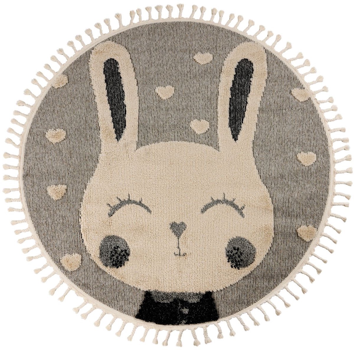 Padiro rond kindervloerkleed Ø 133 cm - grijs - speels kindermotief - met konijnenmotief - van polypropyleen frisee