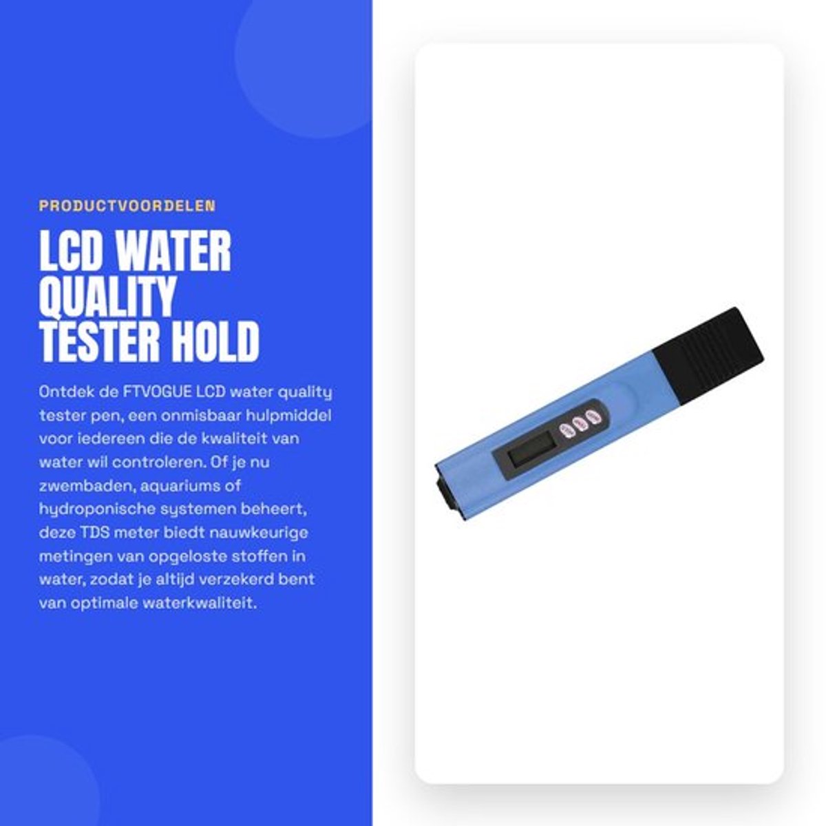 LCD water quality tester - Hold functie - Waterkwaliteit - Purity filter - Geschikt voor aquariums en zwembaden - 1 stuk