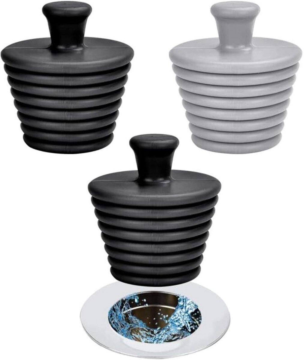 Een set van 3 siliconen afvoerstoppen – 29 mm in diameter, 50 mm hoog – met een spiraalvormig ontwerp voor een uitstekende afdichting – geschikt voor badkuipen en wastafels.