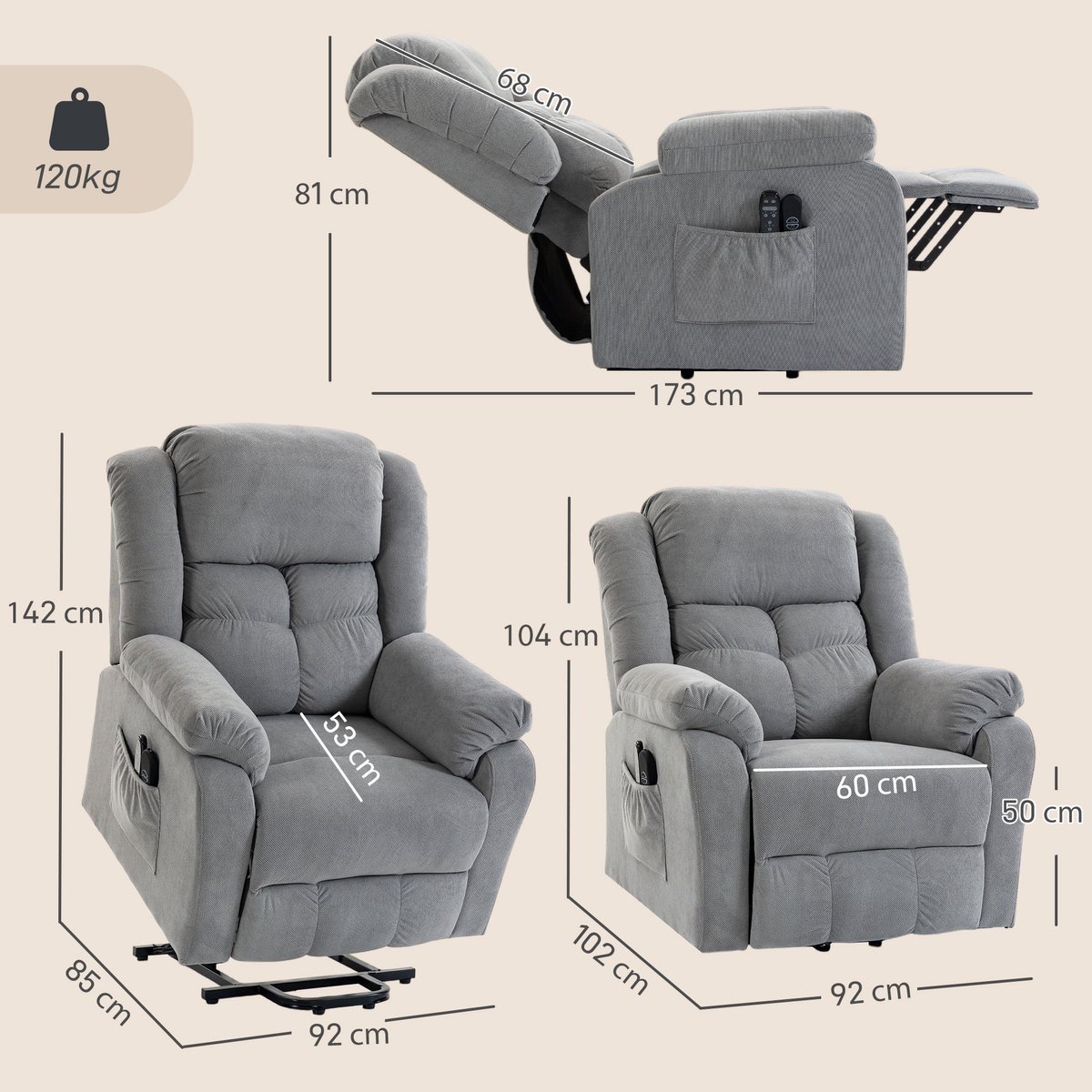HOMCOM relaxfauteuil met opstahulp en massage - TV-fauteuil elektrisch - Sta-op stoel - Lichtgrijs – foto 4