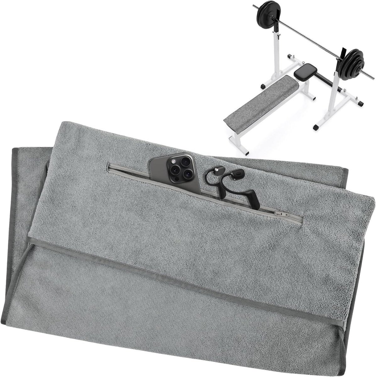 Fitness handdoek met ritsvak - Sporthanddoek microvezel - Hygiënisch Trainen - Geïntegreerd ritsvak - 120 x 50 cm - Donkergrijs