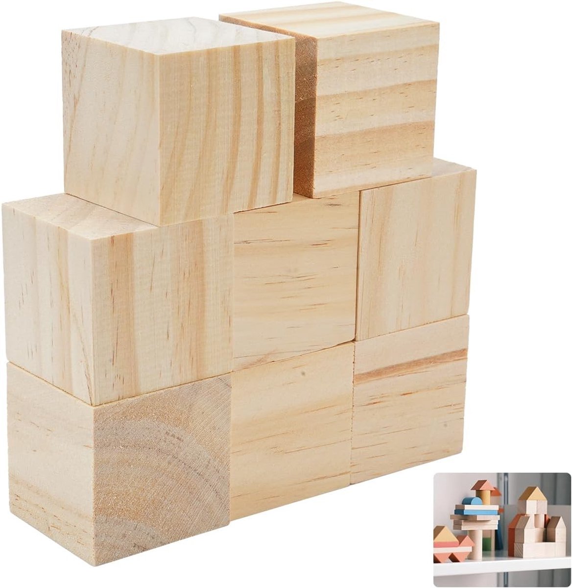 Set van 8 lege houten blokken, groot 50 x 50 x 50 mm, vierkante kubus | natuurlijk ambachtelijk blok, onbehandelde bouwstenen, ideaal voor leren, knutselen en DIY puzzels