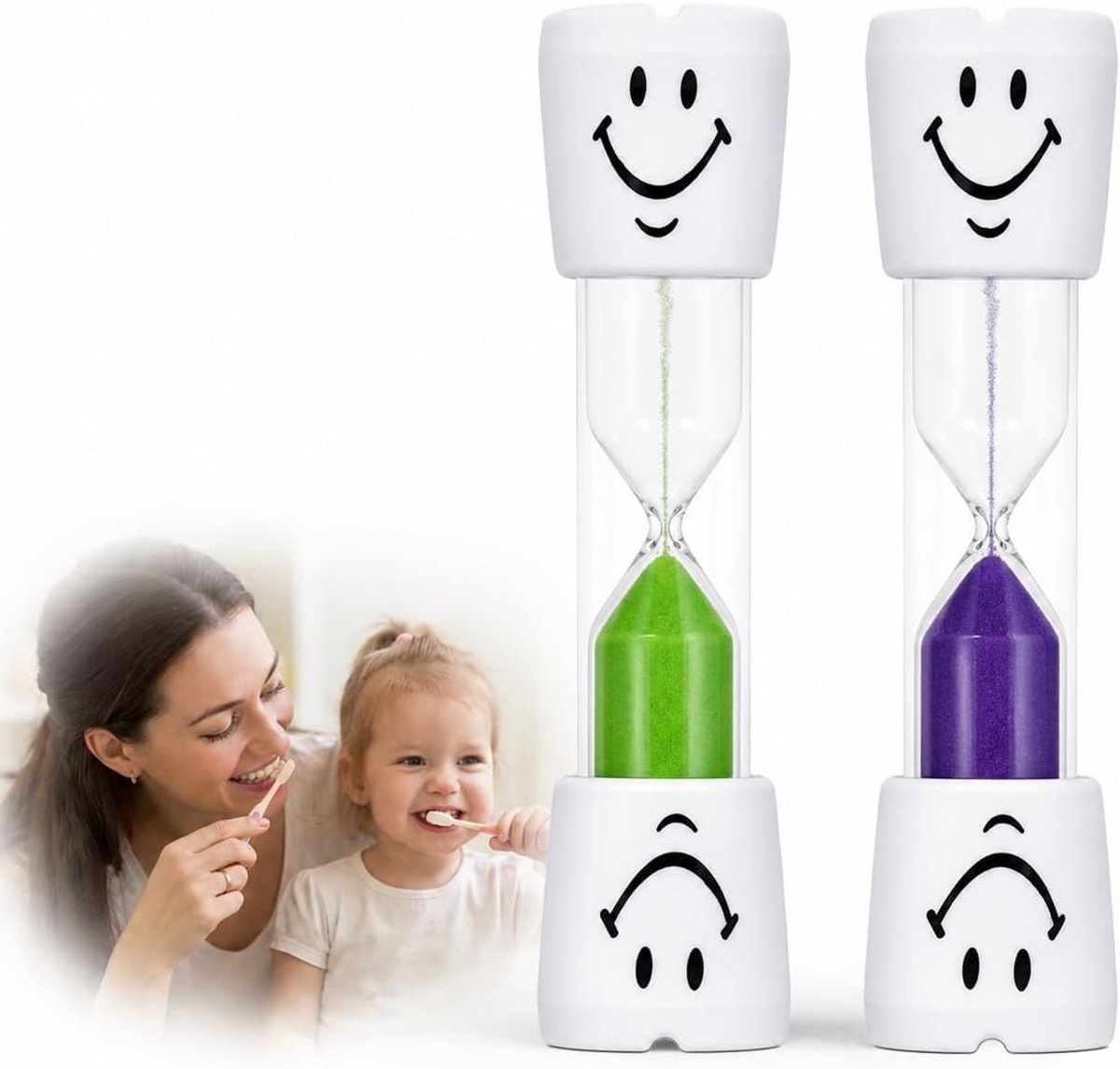 Tandenborstel zandlopers set van 2, paars en groen, 3 minuten timer voor tandenpoetsen, multifunctionele zandlopers voor thuis, kantoor en spelletjes