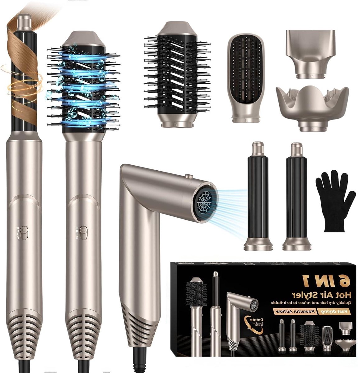 Haarstyler Borstel Set - Föhn Krulborstel - Haar Stijlen - 6-in-1 Multifunctioneel - 34 x 16 x 7 cm - Goud
