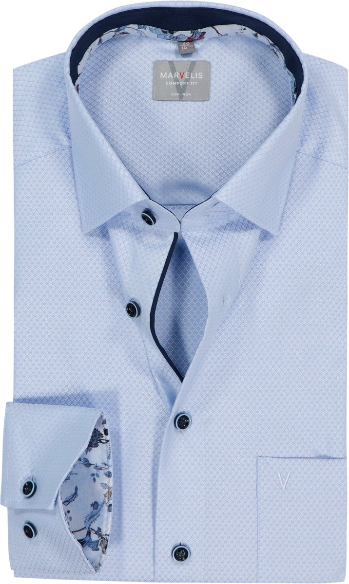 MARVELIS comfort fit overhemd - structuur - lichtblauw - Strijkvrij - Boordmaat: 41 (EU maat: L)
