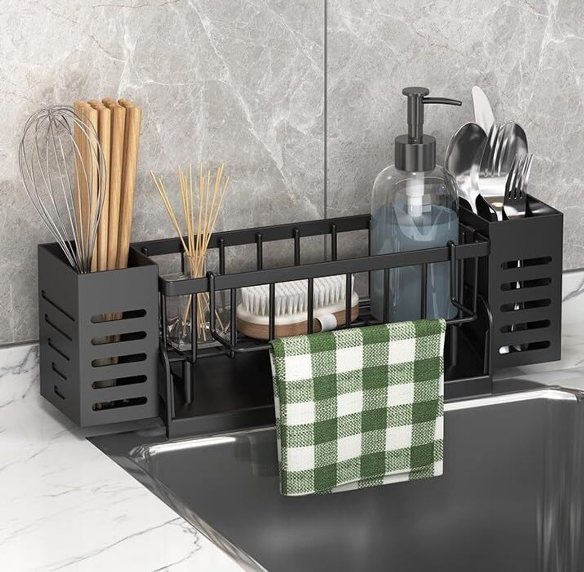 Keukenorganizer voor de gootsteen - Houder voor gootsteensponzen met deurtje, theedoeken en opbergvak - Metalen organizer met automatische afvoer - Kan aan de muur worden gemonteerd - Zwart