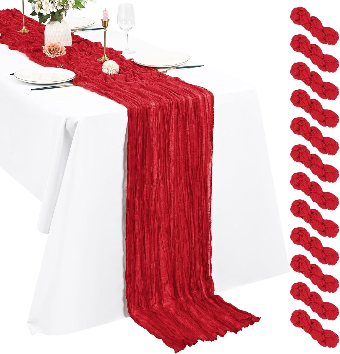 Tafellopers Set - Boho Decoratie - Feestelijke Tafel - Rustieke Stijl - 12 Stuks 3m - Rood