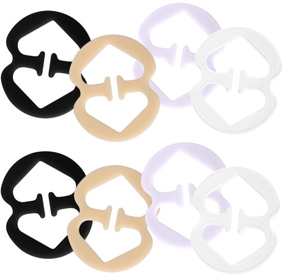 Bh-Clips 8 Stuks - Bandhouder voor Racerback - Plastic - 4,3x3,5cm - Kleur: Zwart/Wit/Helder/Beige - Geschikt voor Jurken/Shirts/Sporttopjes