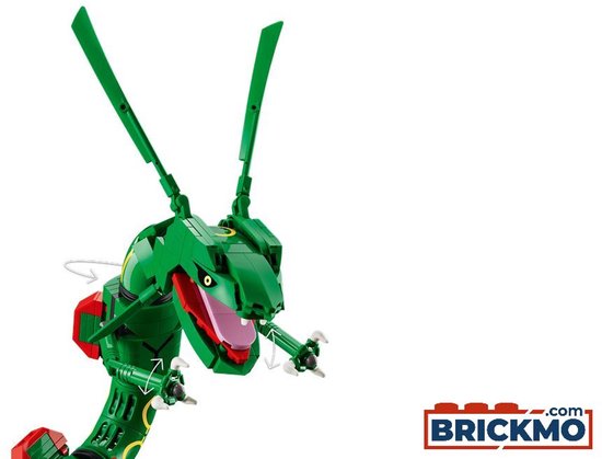 Groene LEGO Rayquaza met rode accenten, gele cirkels en geopende bek.