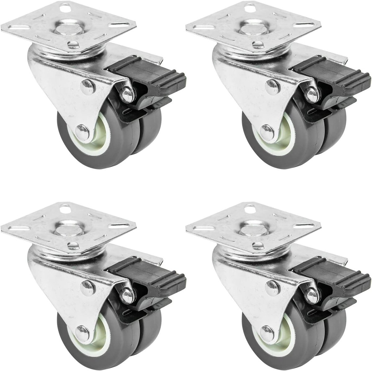 Set van 4 dubbele zwenkwielen voor zware lasten met rem | polyurethaan | 50 mm | tot 400 kg | grijs | ideaal voor meubels en transportwagens