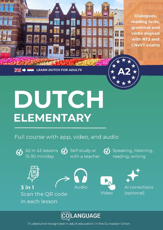 Cursus "DUTCH ELEMENTARY A2" met app, video en audio. Toont Amsterdamse grachtenpanden en tulpenveld. Met uitleg over lessen, zelfstudie en examens.