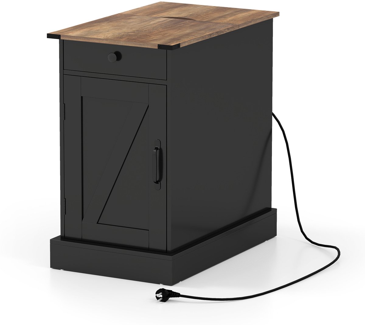 COSTWAY Bijzettafel, nachtkastje met oplaadstation, kleine tafel met opklapbaar tafelblad, lade, afneembaar dienblad en kast, salontafel met verstelbare legplank voor de woonkamer (Zwart)