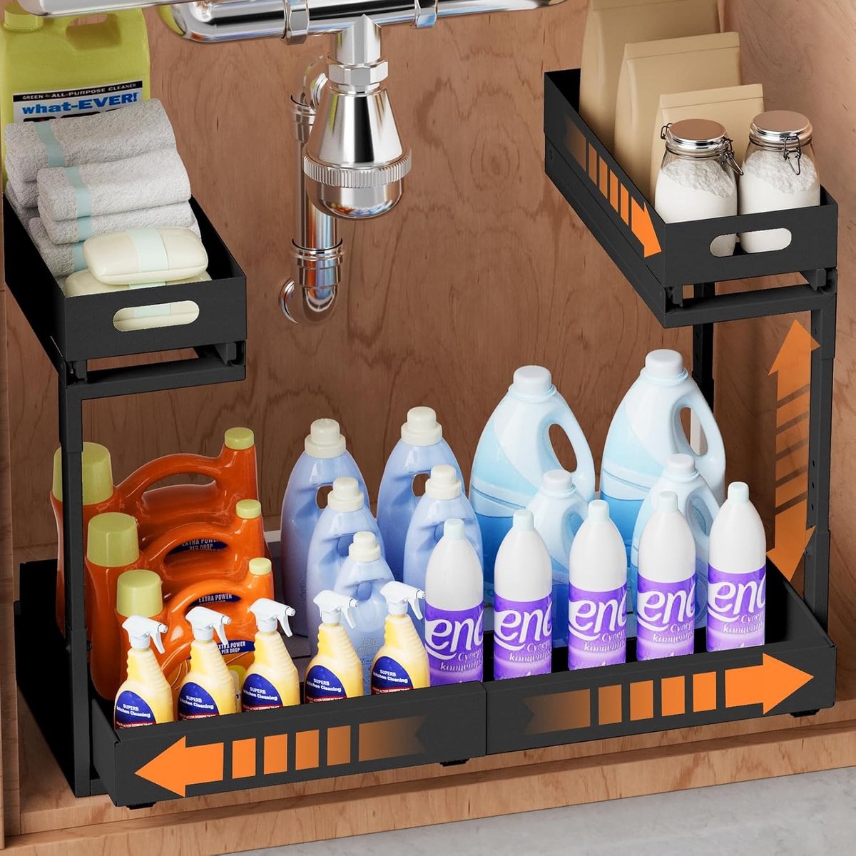 Gootsteenkast organizer - Zwart - 1 stuk - Metalen uittrekbare afwasbakorganizer - Voor spoelbakonderkast