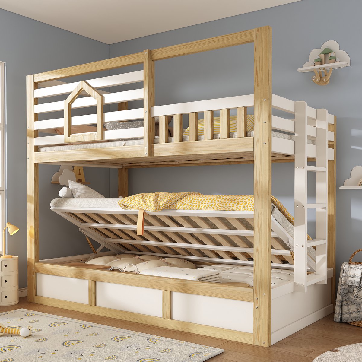 Wishdor stapelbed 90x200 cm - huisstijl met raam en uitvalbeveiliging - met rechte ladder en opbergruimte - wit houtkleur - voor kinderen