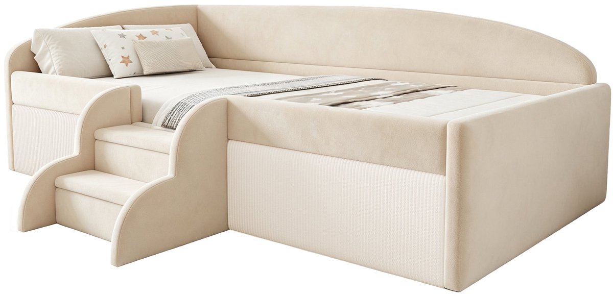 Merax Gestoffeerd Kinderbed 90 x 190 cm - Fluweel - Met Opstap - Veiligheidshek - Houten Lattenbodem - Beige