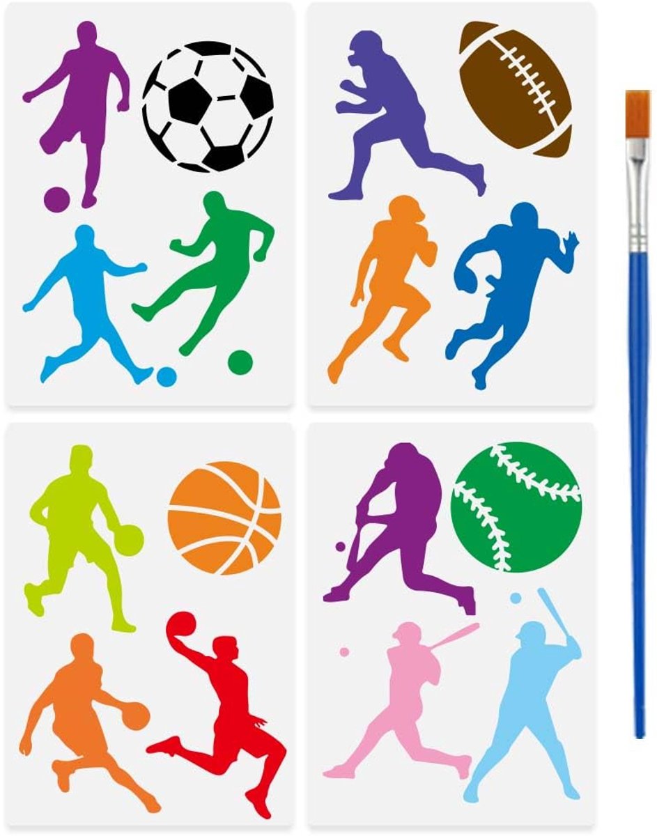 Set van 4 Herbruikbare Sportbal Schablonen met Penseel 29,7x21 cm