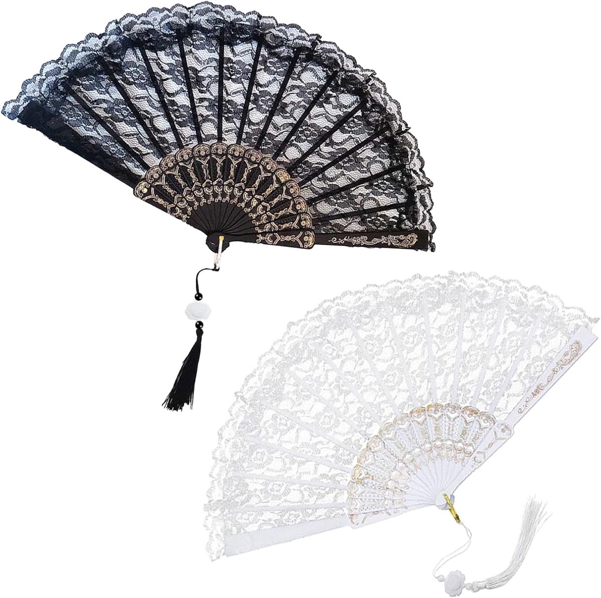 2 stuks opvouwbare handventilator, vintage retro stoffen ventilatoren hand gehouden Chines, opvouwbare ventilator met kwastje voor wanddecoratie bruiloft dansen cosplay zwart en wit