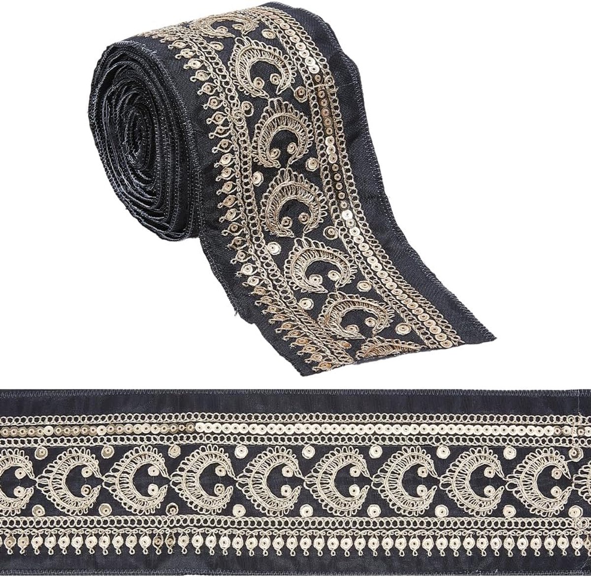 4,57 m zwart goud jacquard lint pailletten kralen geborduurd vintage geweven versieringstape boho metallic etnische brede borduurlinten voor naaien maken kerstdecoratie kleding DIY-knutselbe