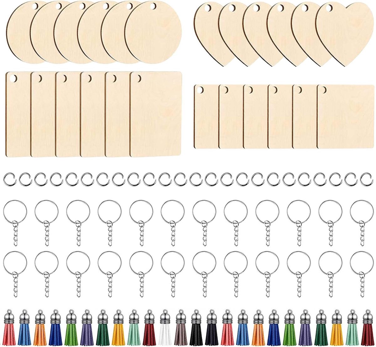 96 stuks lege sleutelhangers van hout, 4 stijlen houten sleutelhangers voor graveren en persoonlijke decors