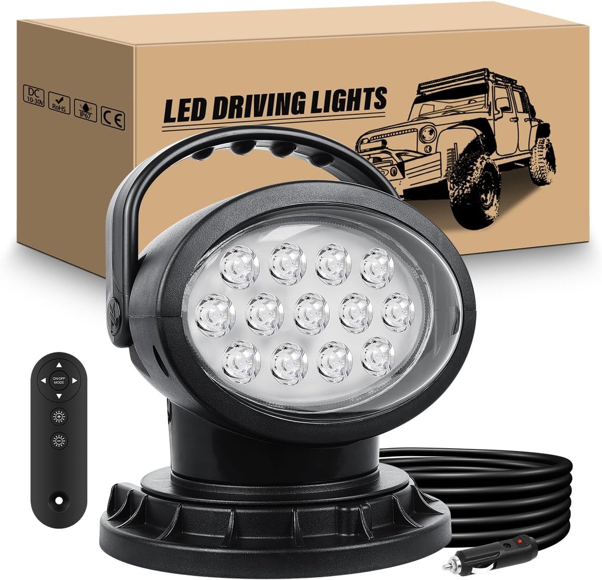 Magnetische werklamp, 8 inch 38W 12V 24V Spot LED Remote Search Light, 360° waterdichte noodverlichting voor offroad auto's vrachtwagens SUV's 4x4 tractoren boten