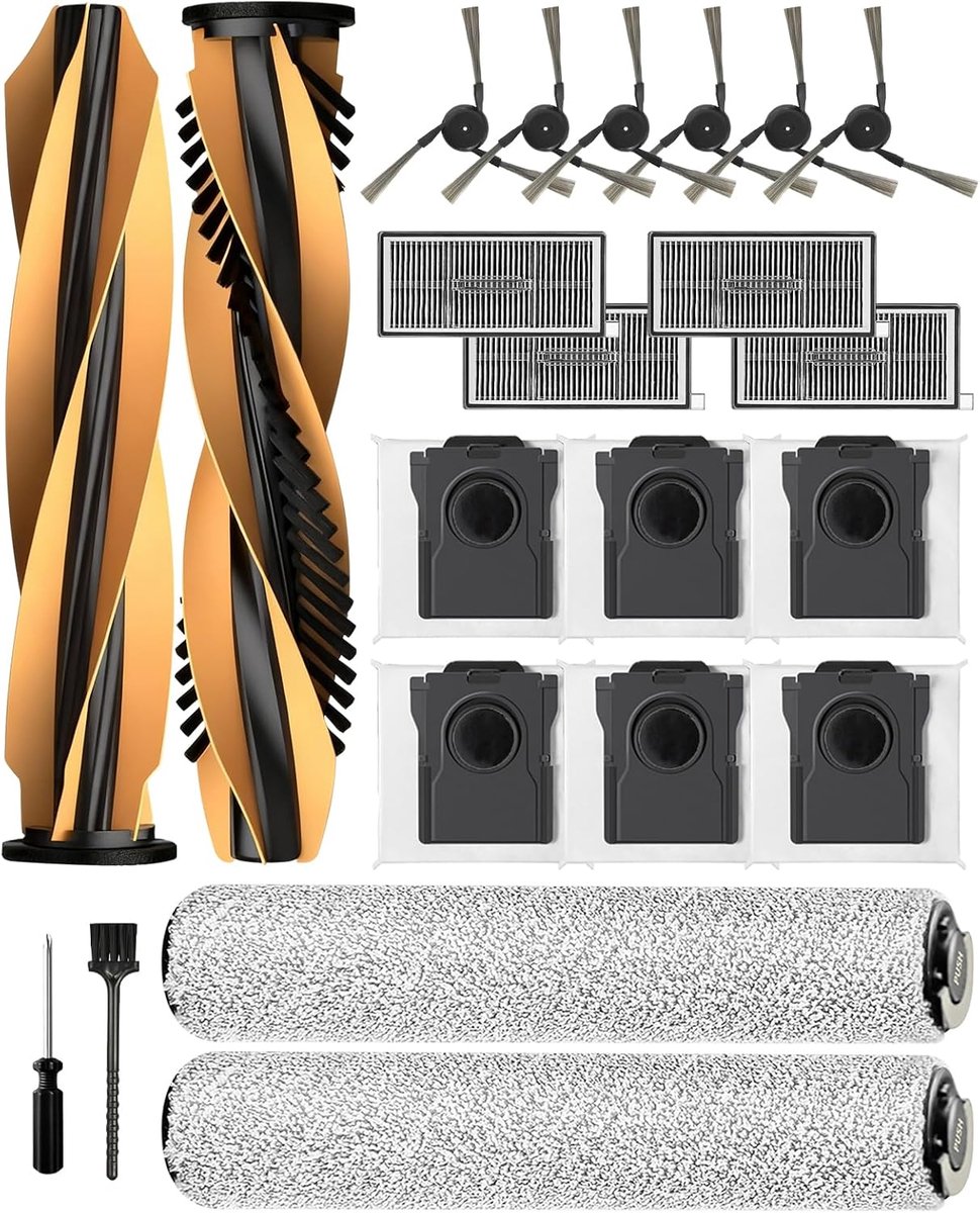 Accessoiresets voor Mova Z60 Ultra Roller Complete/Standalone robotstofzuiger: 2 hoofdborstel, 2 rolwissers, 6 zijborstel, 4 HEPA-filters, 6 stofzakken, 1 borstel, 1 schroevendraaier