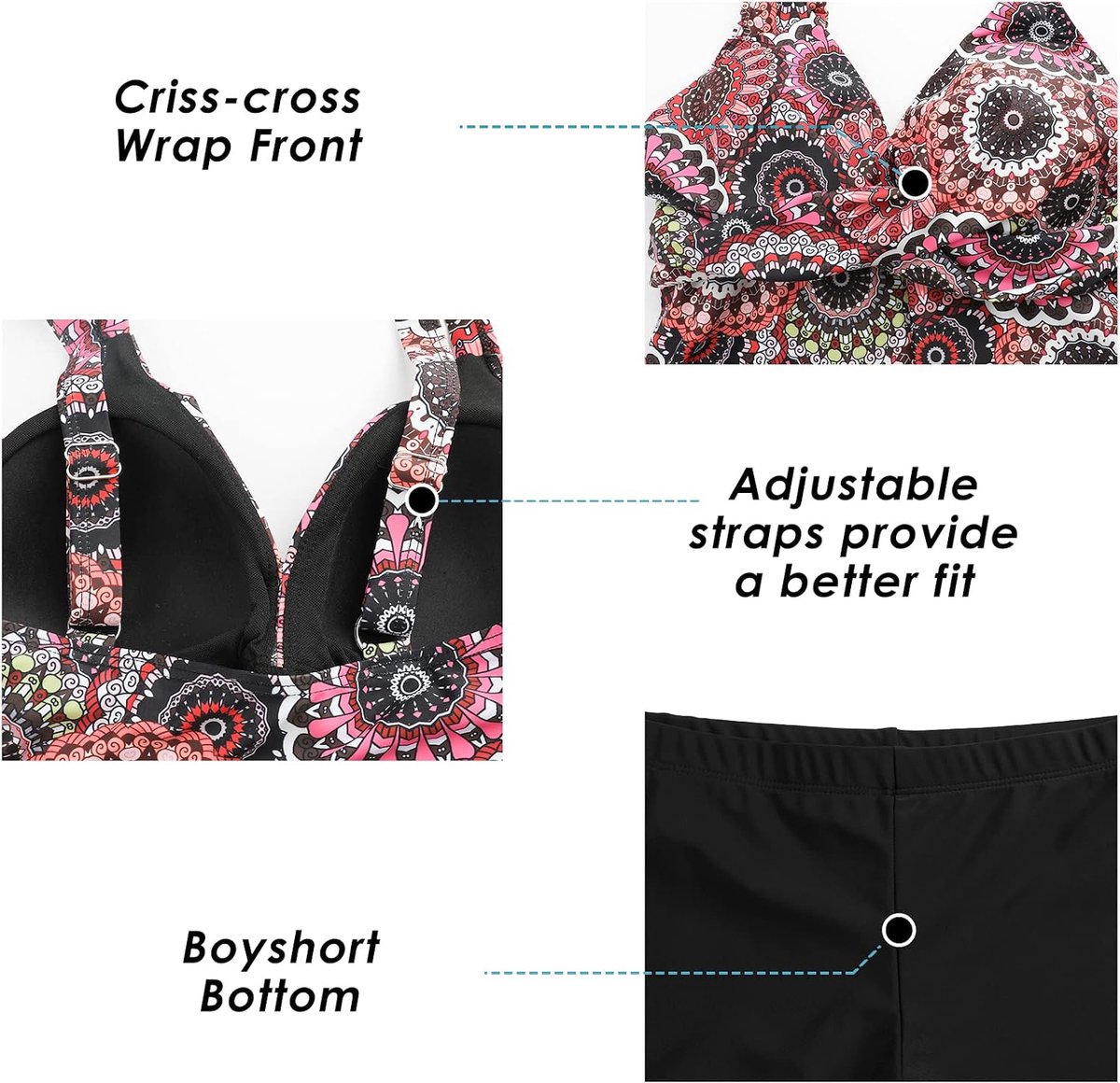 Vrouwen Tweedelige Badpak Top Cross Bloemen Gedrukt Zwemmen Jurk Buikcontrole Tankini Met Boyshorts
