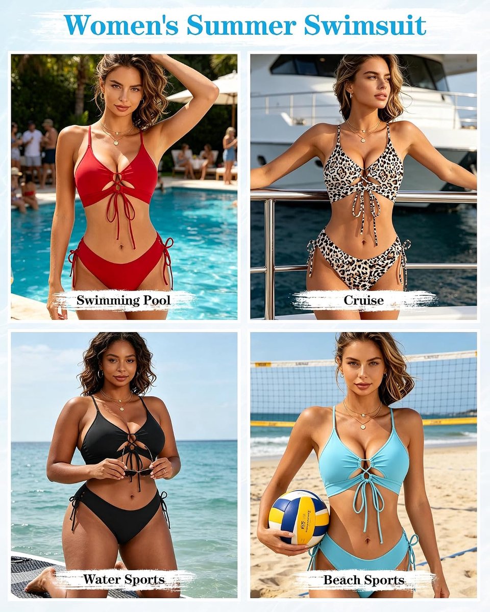 Sexy bikiniset voor curvy dames, 2-delig uitgesneden badpak met hoge beenuitsnijding, trekkoord en verstelbare bindbanden