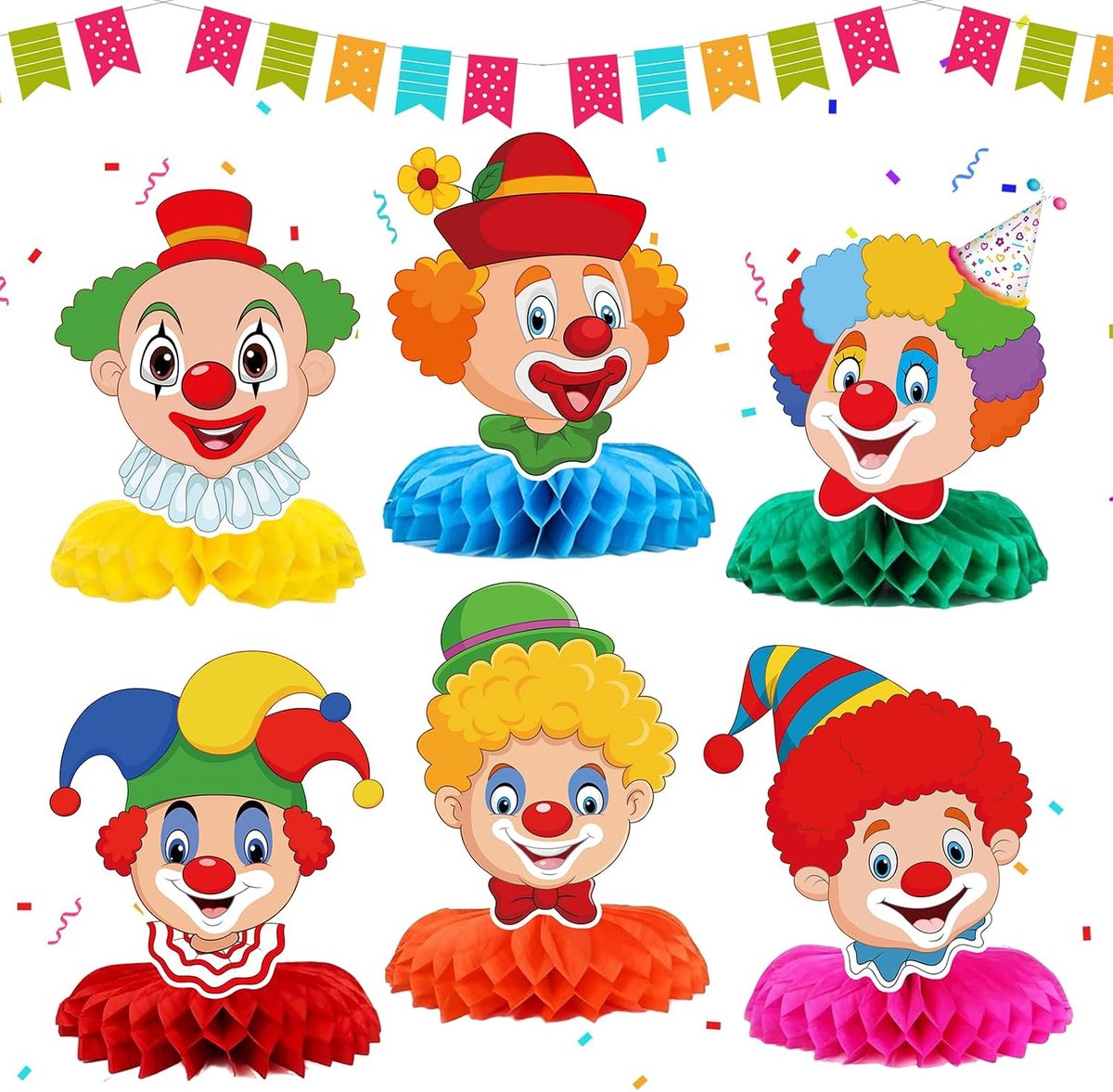 Tafeldecoratie voor carnaval, 6 stuks, clowndecoratie, tafelopzetstukken, 3D honingraat middenstuk, tafeldecoratie voor carnaval, circus-decoratie