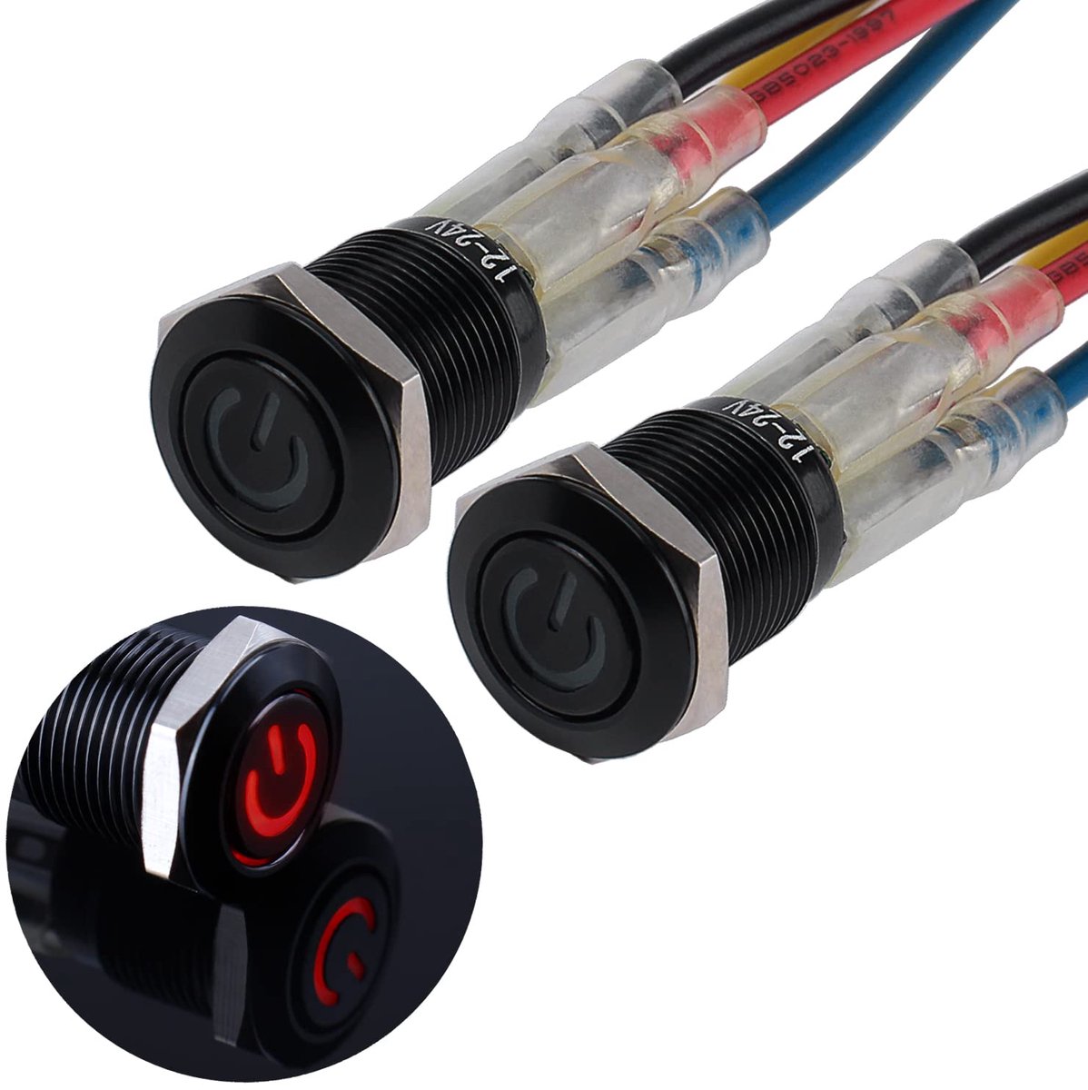 2 × 12 mm momentane waterdichte drukschakelaar 12 V tot 24 V 2 A IP66 knop met LED-verlichting zwarte metalen behuizing momentary drukknop met verbindingsdraden voor auto DIY auto motorfiets (rood)