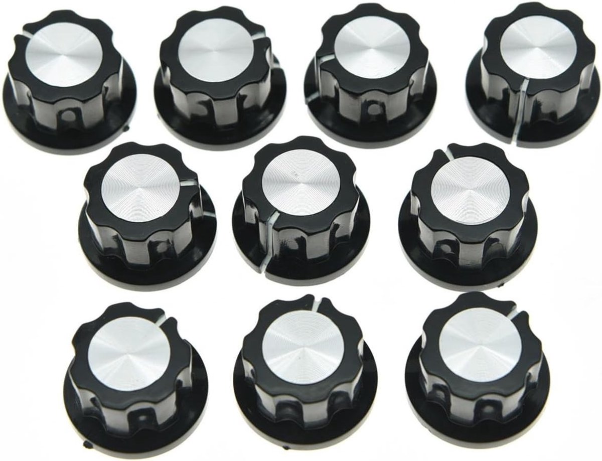 10x Gitaar Mini Effect Pedaalknoppen 6mm Zwart met Zilveren Dop voor Boss Pedaal