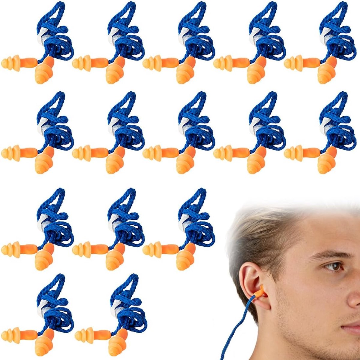 15 paar gehoorbescherming, siliconen oordopjes, oranje, blauw, anti-verlies kabel, ruisonderdrukking, standaard