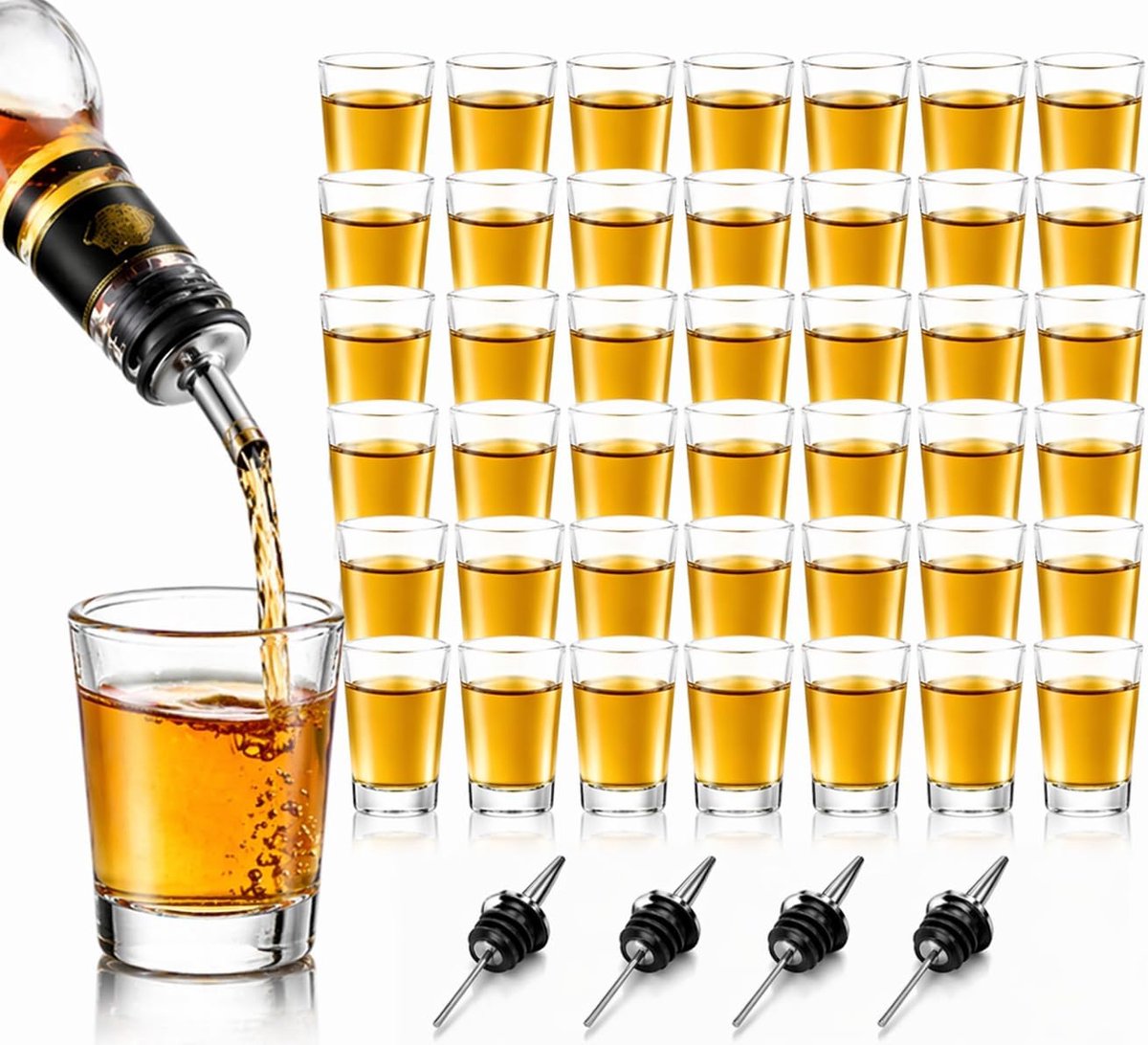 Set van 36 borrelglazen 5 cl met 4 schenktuit van roestvrij staal, transparante shooters voor Tequila, likeur, set met spijsverteringsglazen voor feest, bruiloft en bar