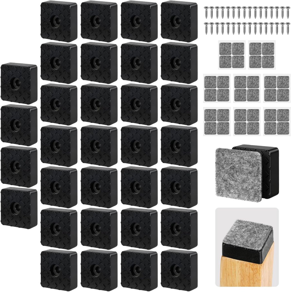 32PCS schroefbare rubberen voeten met vilt, 30*30mm antislip meubelpoten | Vierkante rubberen voetjes met schroeven, voor tafelstoelbankpoten, tuinmeubelen, tuinmeubels, tuinmeubels, vloerbeschermers