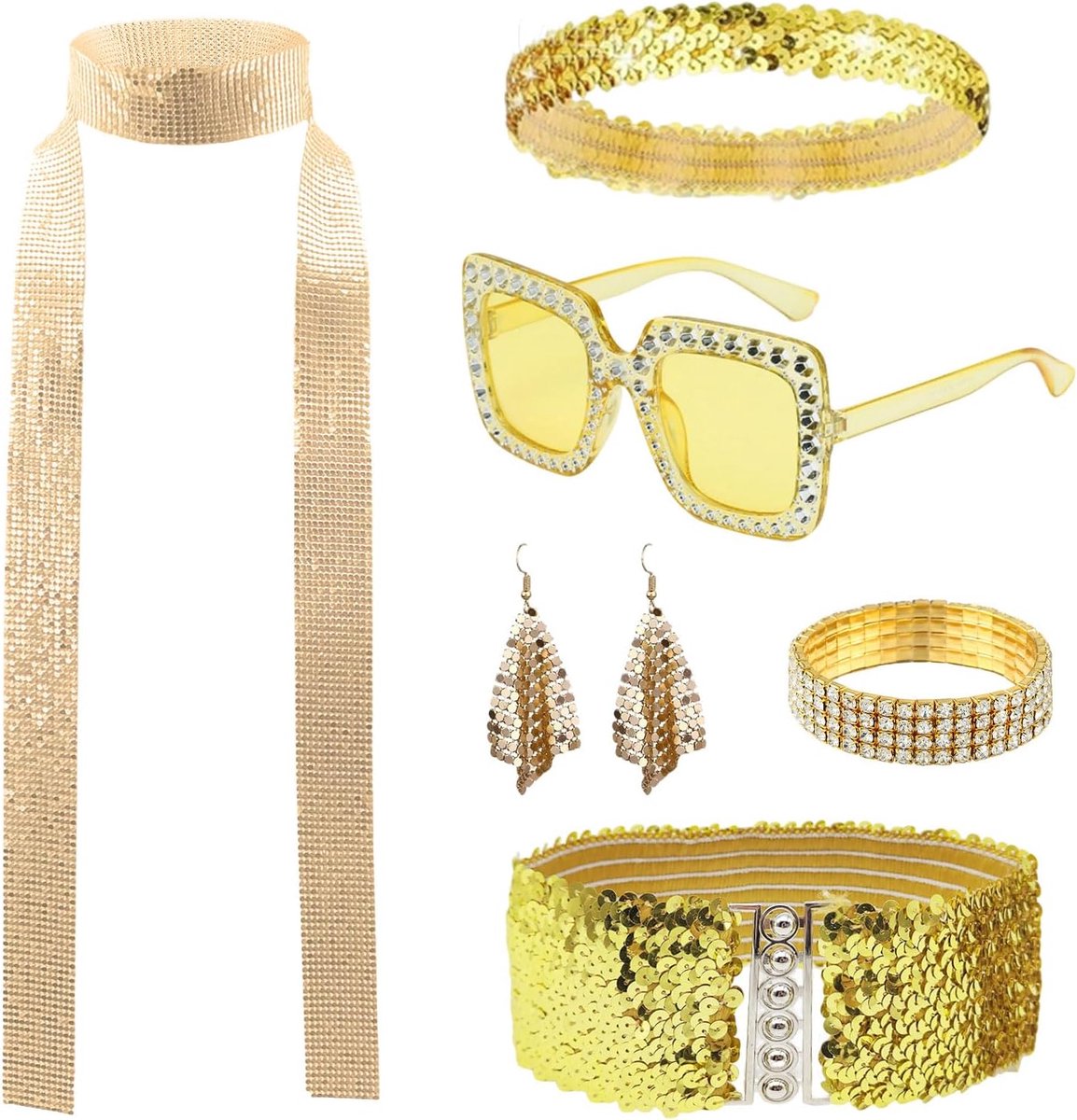 7 stuks 70s 80s disco gouden accessoires vrouwen, disco fancy dress kostuum set, pailletten sjaal oorbellen, zonnebril armband hoofdband en riem voor verjaardag retro hippie thema feest (goud)
