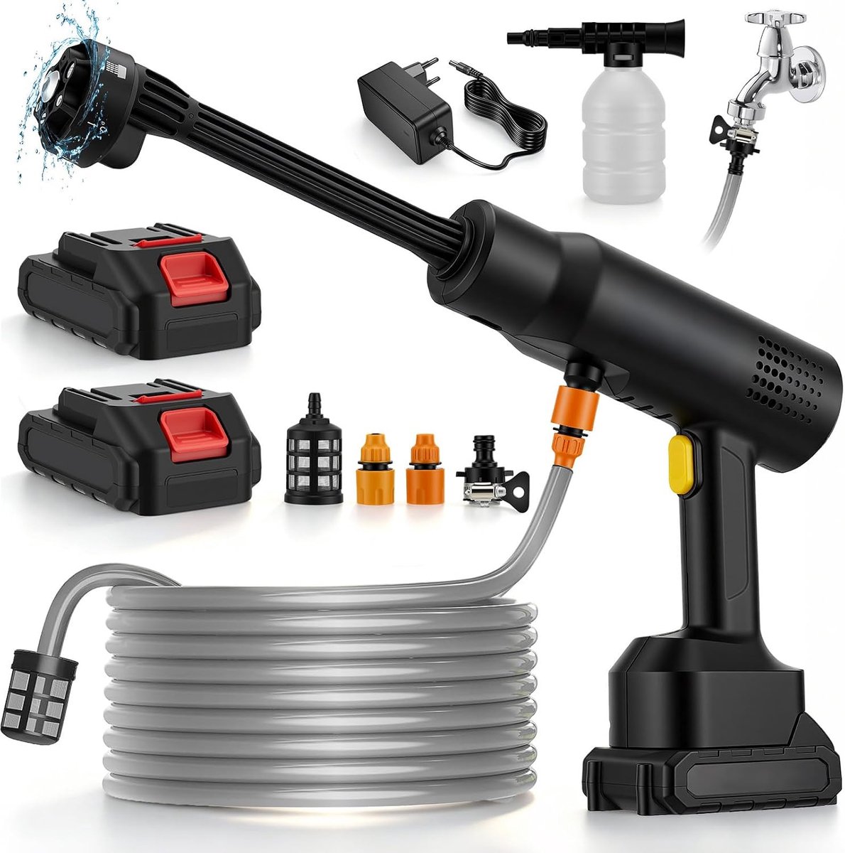 Accu-hogedrukreiniger 35 bar, 1,2 GPM batterij Power Washer met 6-in-1 mondstuk en schuimkanon, ideaal voor auto, fiets en tuin, 5,0 m slang