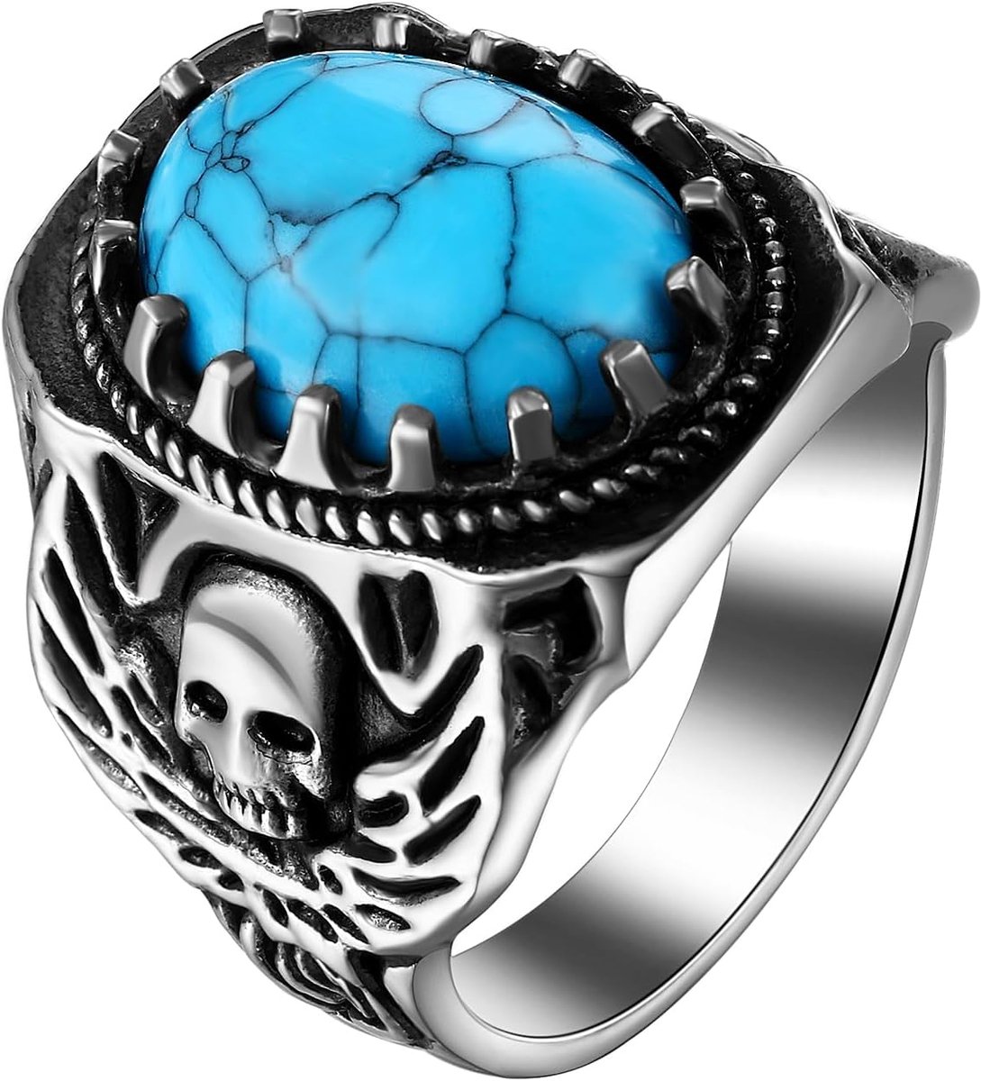 Turquoise ring punk zegelring: vintage gothic doodskopring breed 25 mm biker herenring schedel duimring boho blauwe steen vingerringen Halloween cadeau voor mannen vriend vader, maat 71